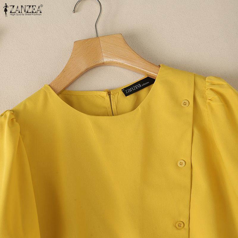 ZANZEA Women Casual Round Neck Puff Short Sleeve Blouse