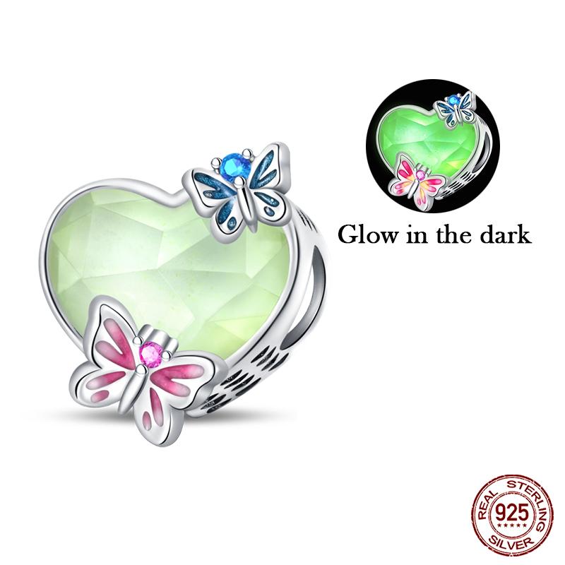 New 100% Copper Nightglow Butterfly Heart-Shaped Gem Charms Bead Fit Qikaola Original Bracelet Diy Birthday Jewelry