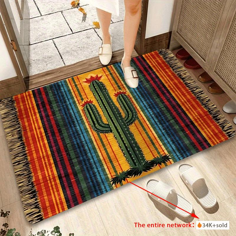 Regenbogenstreifen Fußmatte mit Kaktus-Motiv Willkommensmatte Outdoor-Teppich Weicher Wohnzimmerteppich Teppich für Schlafzimmer Heimdeko