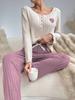 Women’s Autumn and Winter 2 Piece Pajama Set Heart Embroidery Long Sleeve Top and Long Pants Loungewear Suitable for Outdoor Wear
