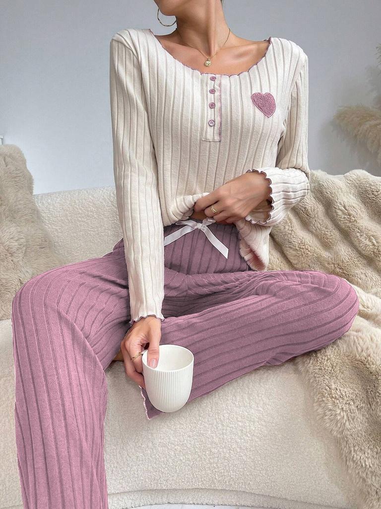 Women’s Autumn and Winter 2 Piece Pajama Set Heart Embroidery Long Sleeve Top and Long Pants Loungewear Suitable for Outdoor Wear