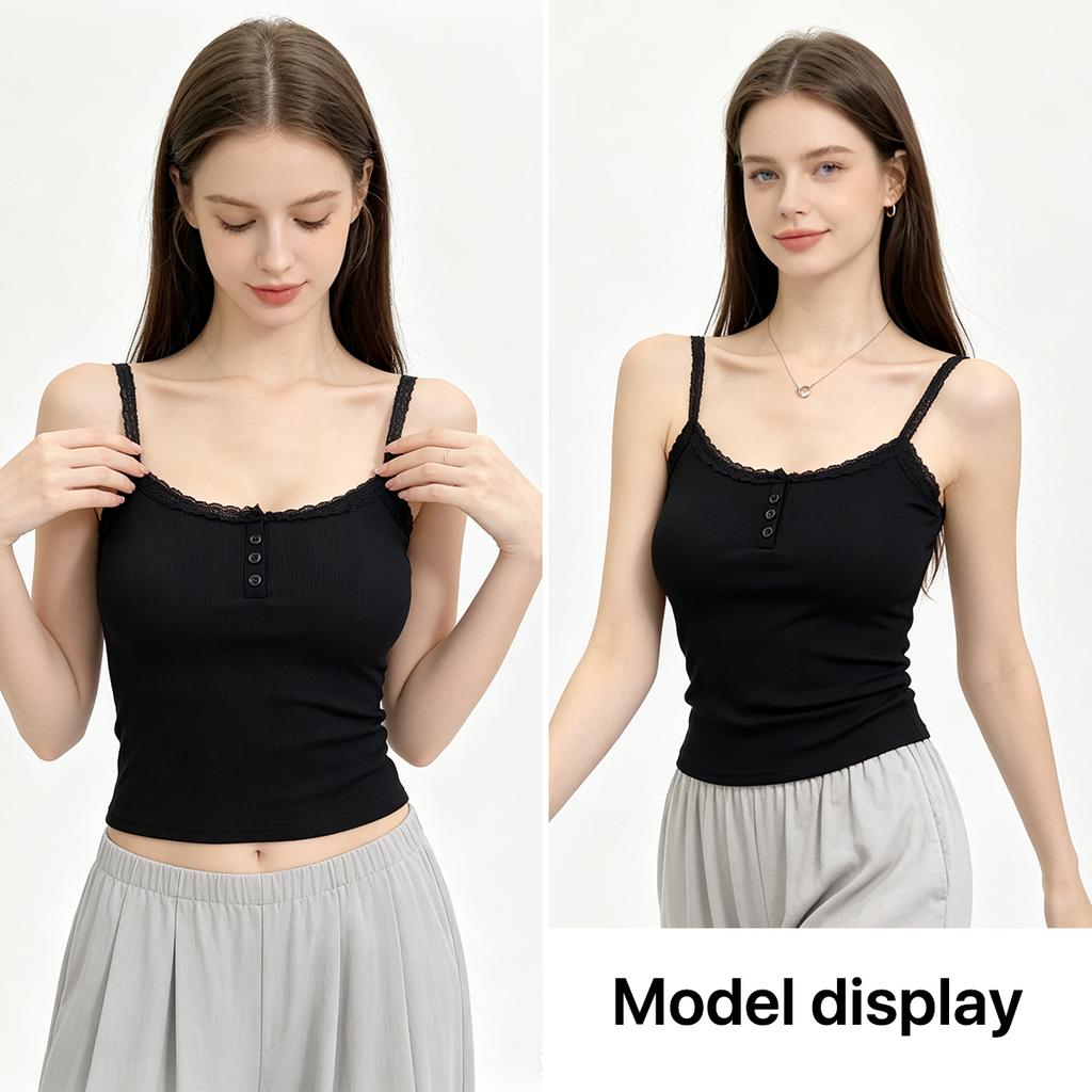 Women's Ribbed Lace Camisole with with Built-in Bra Pads and Buttons,Slim Fit Tank for Women