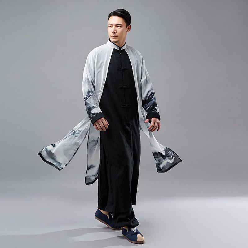 Men's Chinese Style Cotton Linen Long Spring Shirt - National Performance Stage Robe