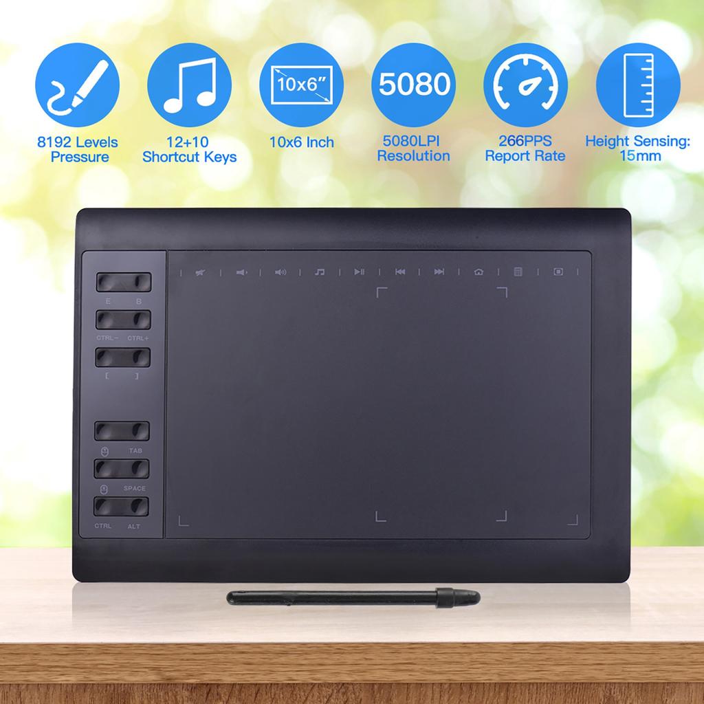 10x6 Inch Professional Graphics Drawing Tablet 12 Express Keys with 8192 Levels Support PC Laptop Connection