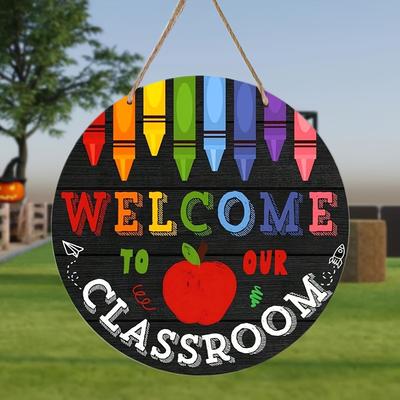 1-teiliges Willkommensschild aus Holz für das Klassenzimmer – Willkommensschild aus Holz zum Aufhängen mit Buntstift- und Apfel-Design, für Tür, Wand, Zuhause, Zimmer, Bauernhaus, Straße, Garage