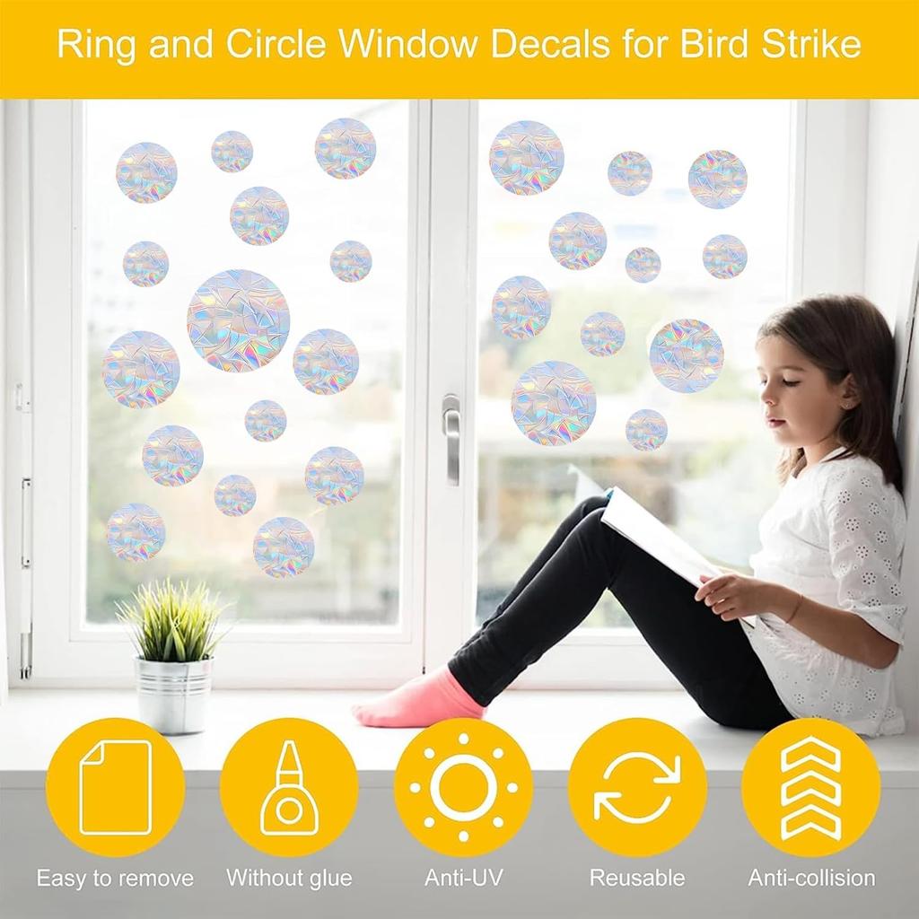 36PCS Circle Window Clings - Anti-Collision Window Decals To Save Birds from Window Collisions,Non Adhesive Prismatic Vinyl Window Clings, Rainbow