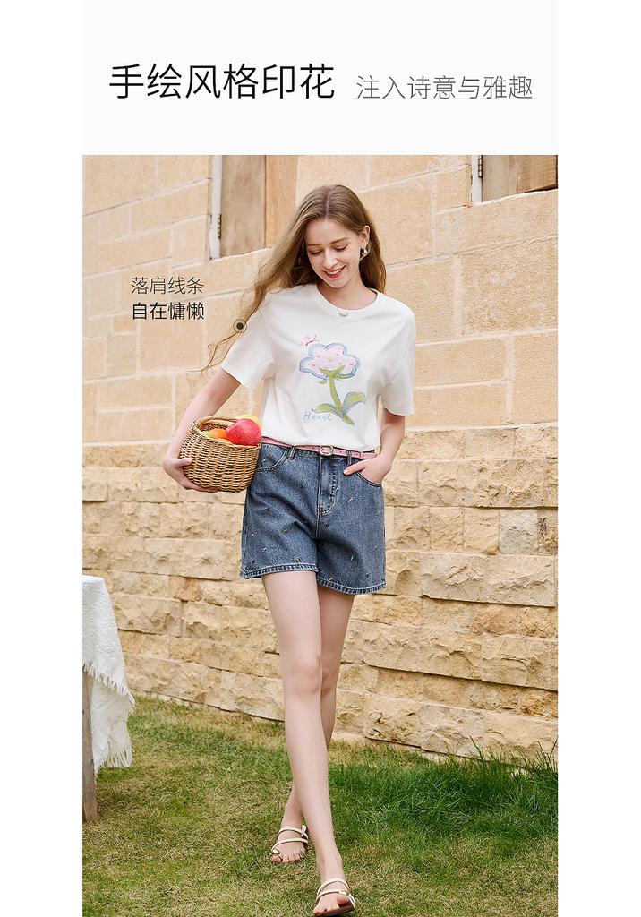 Fragrant Shadow Dopamine Printed White T-shirt for Women, 2026 Summer New Edition, Lyocell Loose Casual Short Sleeve Thin Top