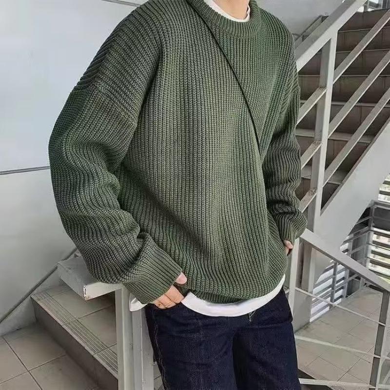 Men S Solid Color Round Neck Loose Long Sleeve Casual Knit Sweater