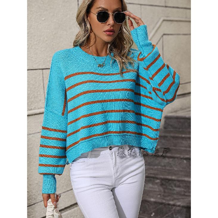 

2024 Осень и зима Новый европейский и американский женский вязаный свитер с круглым вырезом Свободный пуловер Полосатый свитер XL темно-синий