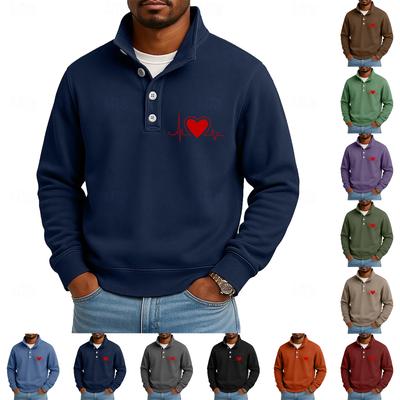 Men's Casual Stand-Up Collar Long-Sleeve Top Print Button-Down Sweatshirt