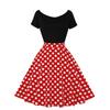 Women's Crewneck, Short Sleeve Stitching, Contrasting Vintage Polka Dot Dress, Oversized Skirt