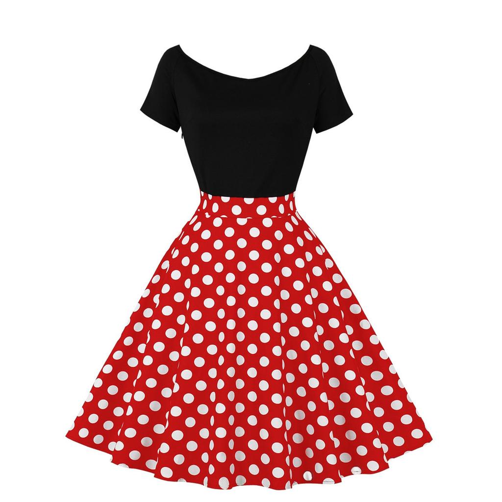 Women's Crewneck, Short Sleeve Stitching, Contrasting Vintage Polka Dot Dress, Oversized Skirt