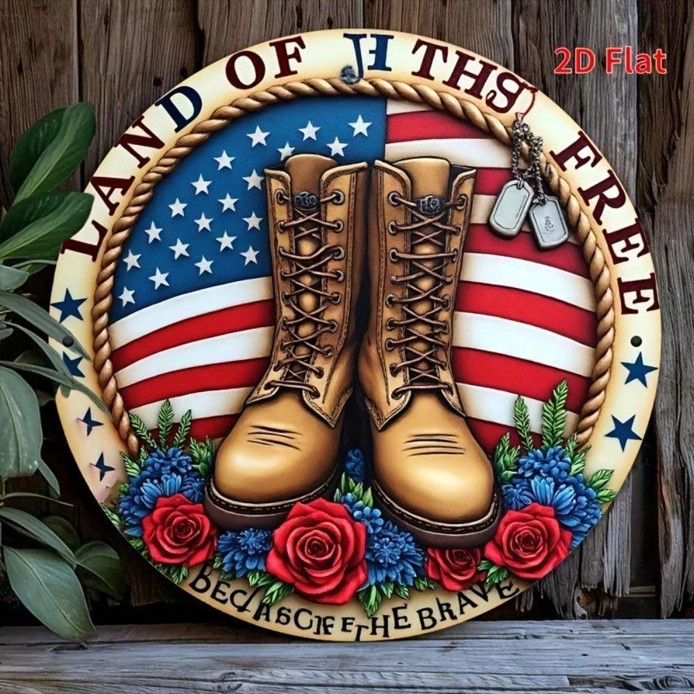 Funny Patriotic Metal Plaque, Land Of The Free Aluminum Sign With Boots & Flags, Ironic 2D Flat Yard Decor For Home Patio, 7.87x
