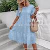 Women Eyelet Embroidery Midi Dress Round Neck Short Sleeve Loose A-Line Casual Summer Vacation Dress S-2XL