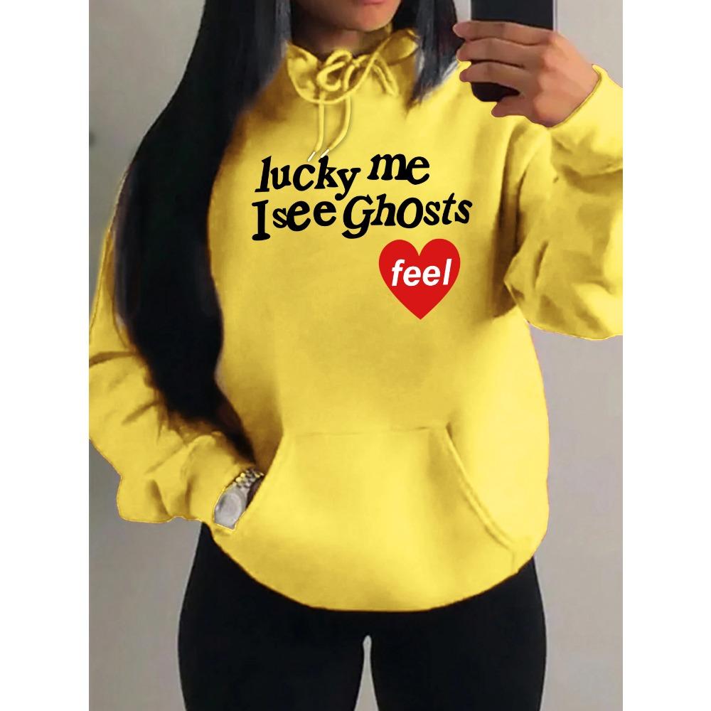 Glücklich ich sehe Geister Kunst Buchstabenmuster Damen Hoodie Herbst Mehrfarbig Hoodies Streetwear Fleece Tasche Kapuzenpullover