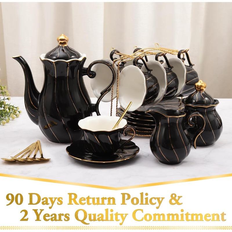 22 Pcs Porcelain Tea Set for 6, Luxury British Style Tea/Coffee Cup Set with Golden Trim, Beautiful Tea Set for Women, Tea Party