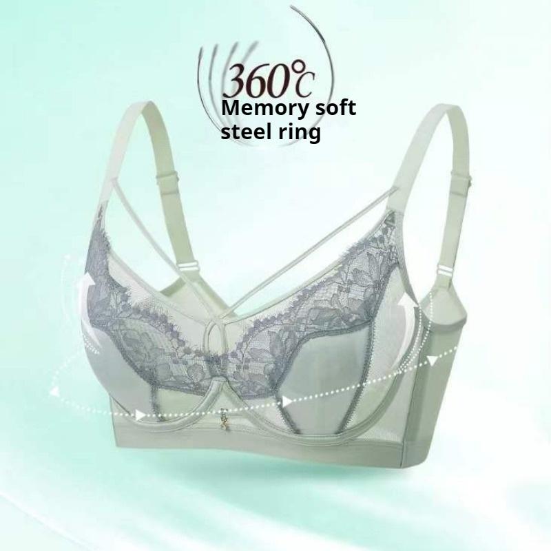 Large Bust-slimming French Bra for Women with Soft Underwire Ultra-thin Lace and Crystal Cups