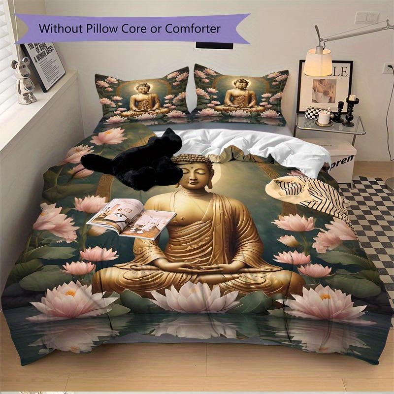 3pcs Buddha Lotus Soft Comfortable Bedding set, For Bedroom, Guest Room And Dorm, All Season Use, High-Definition Printing, Machine Washable 175