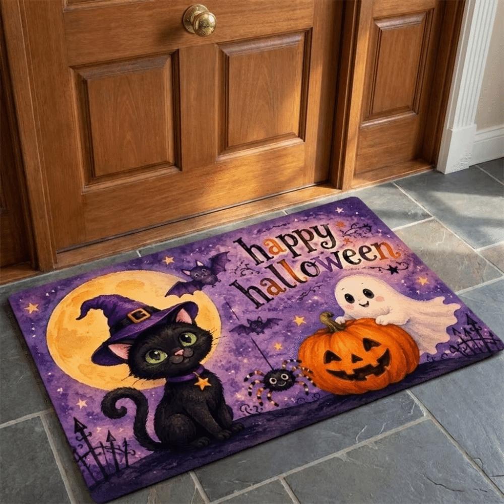 Cartoon Witch Cat Pumpkin Ghost Doormat Non-Slip Maple Leaf Welcome Mat Entryway