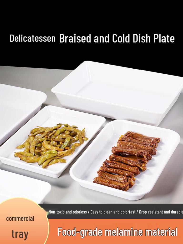 Melamine Rectangular Tray for Braised Dishes - White Display Plate for Cooked or Cold Foods