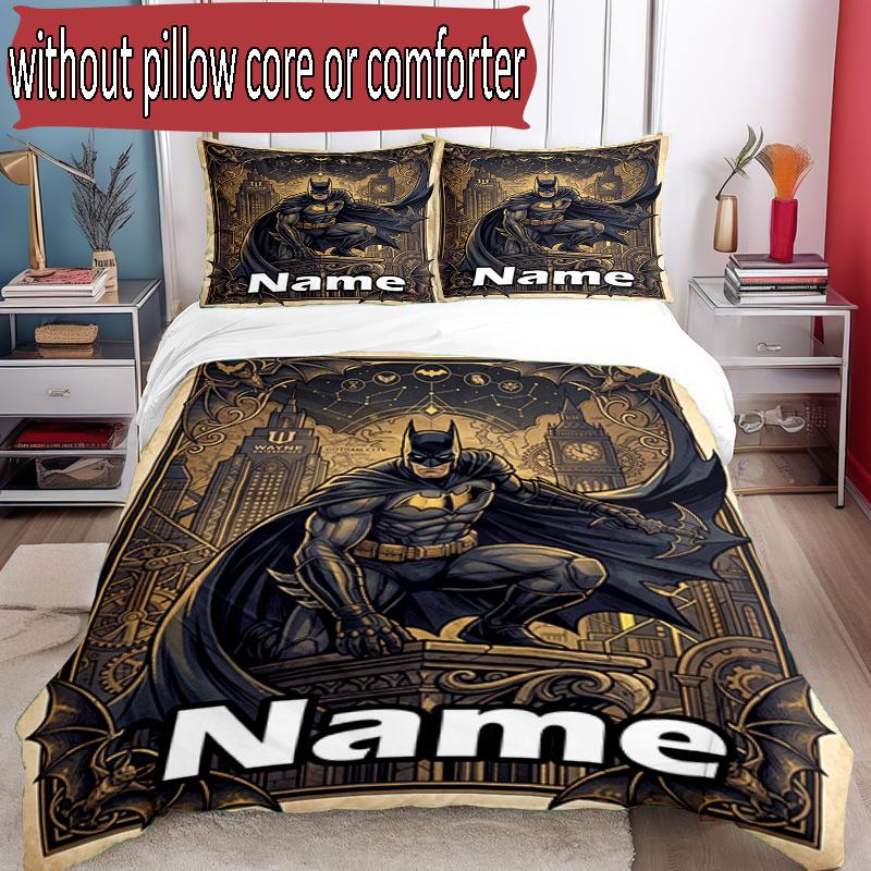 3pcs Duvet Cover Set (1*Duvet Cover + 2*Pillowcase, Without Core), Custom Name Batman Pattern Bedding Set, Home Bedroom Decor Gift