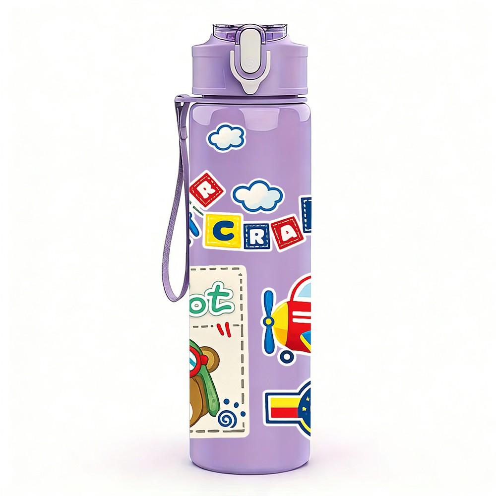 1PC Kids Toy Block Colorful Cartoon Print 750ml Color Plastic Sports Water Bottle Leakproof Flip Straw Lid Suitable for Sports Office Home Use