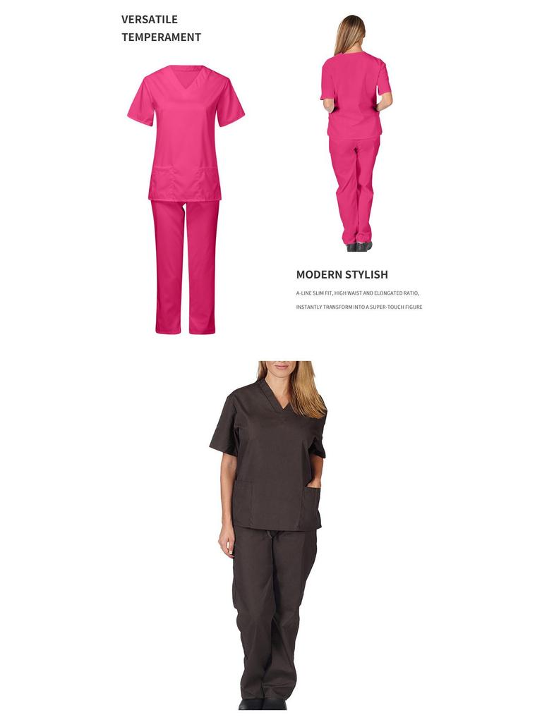 European and American Style Solid Color V-Neck Nursing Uniform Set for Women - Protective Two-Piece with Pockets