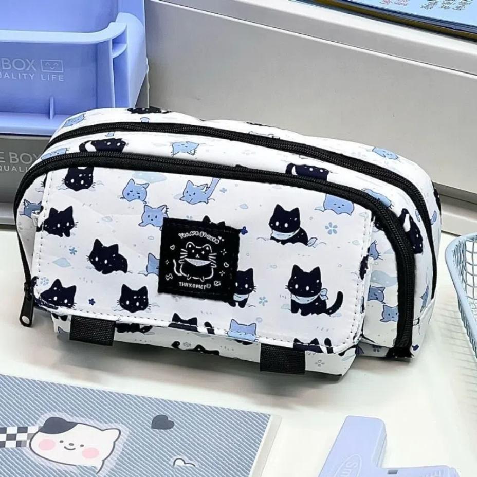 Three-layer Snow Cat Pencil Bag Large Capacity Kitten Stationery Bag  Student