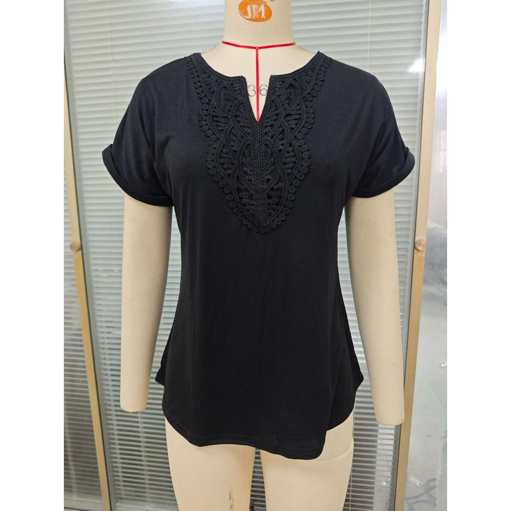 Spring Summer New Women's Solid Color V-Neck Lace Trim Loose Short Sleeve T-shirt Top For Cross-border Trade