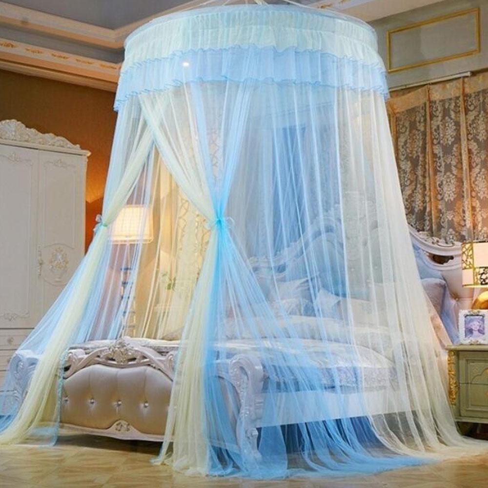 Elegant Blonder Seng Baldakin Myggnett Dome Hengende Blonder Insektsnett Kryptering Heving Tak Princess Dome Court