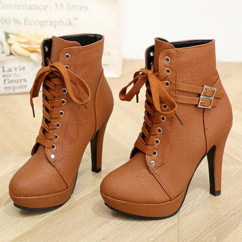 

Европейский и американский стиль, женские короткие ботильоны на шпильке с перекрестными ремешками, водонепроницаемая платформа, модная пряжка-ремень, женские ботинки 43 коричневый