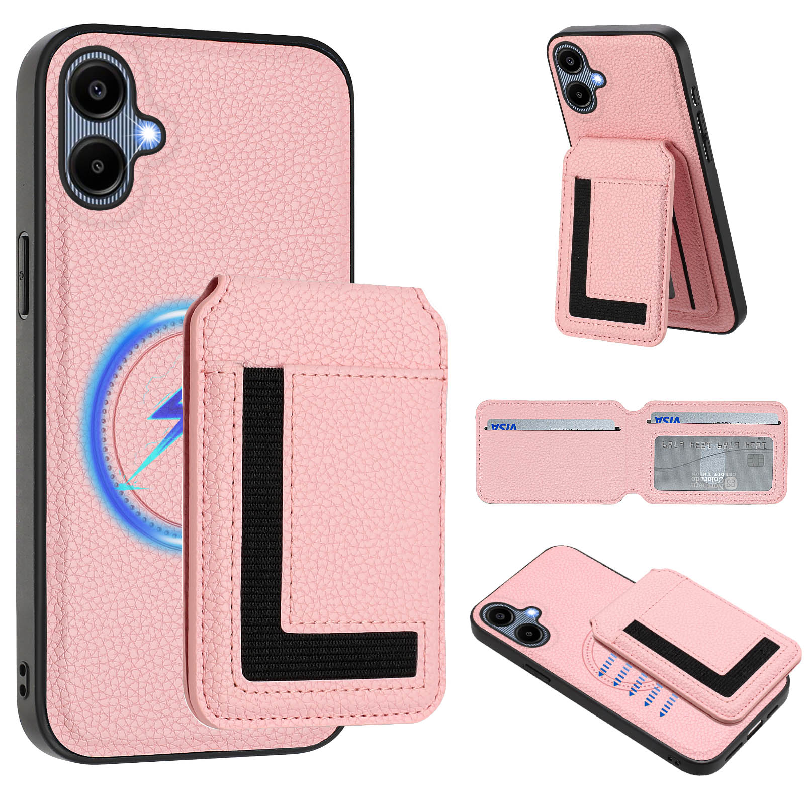 

For Samsung Galaxy A05 4G Magnetic Case TPU+PU Leather Phone Back Cover with Detachable Card Holder Pink