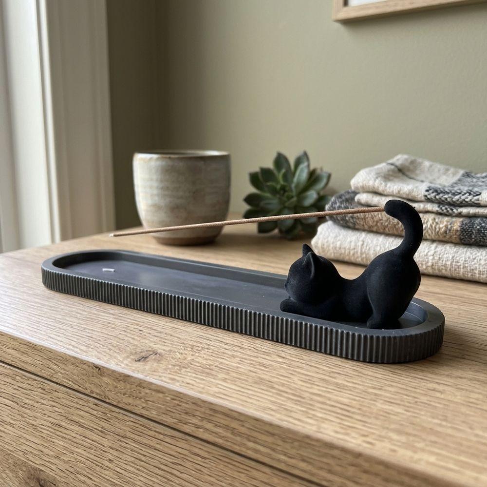 Zen Style Black Cat Incense Stick Holder Mobile Cat Incense Burner with Ash Catcher  Yoga Room