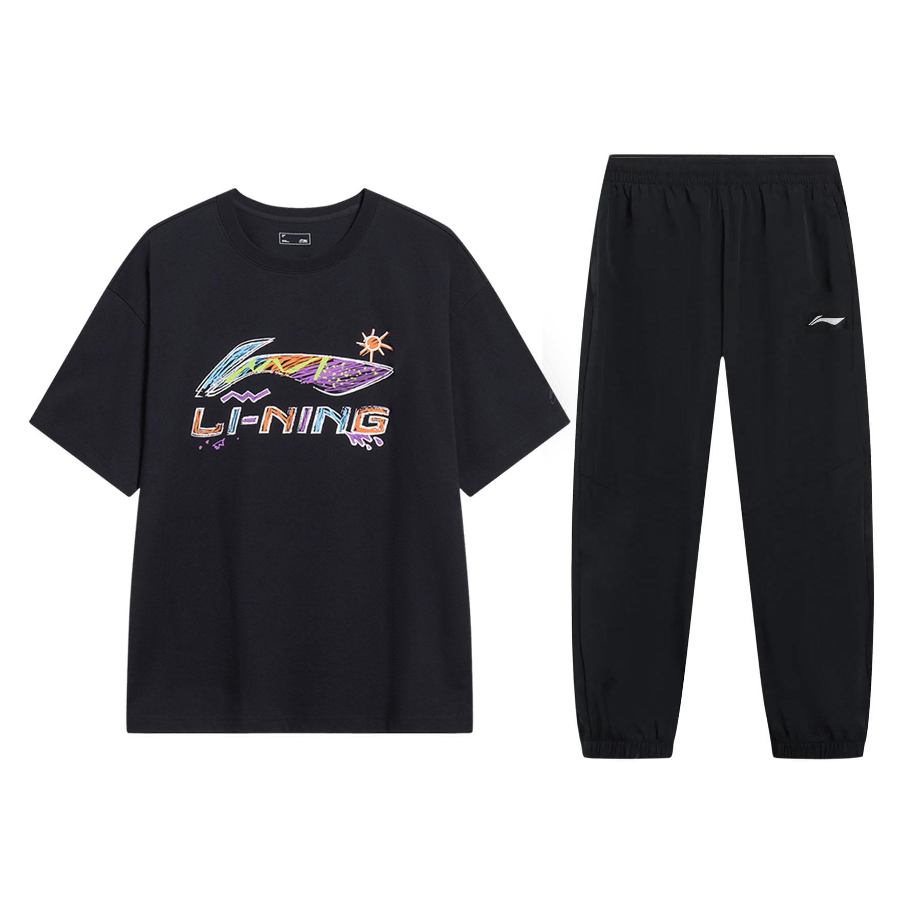 Li-Ning Summer Printed Short Sleeve Big Logo Breathable Long Pants Simple Fresh Casual Sports Suit Men suit Black AHSU745-1+AYKT415-1 S