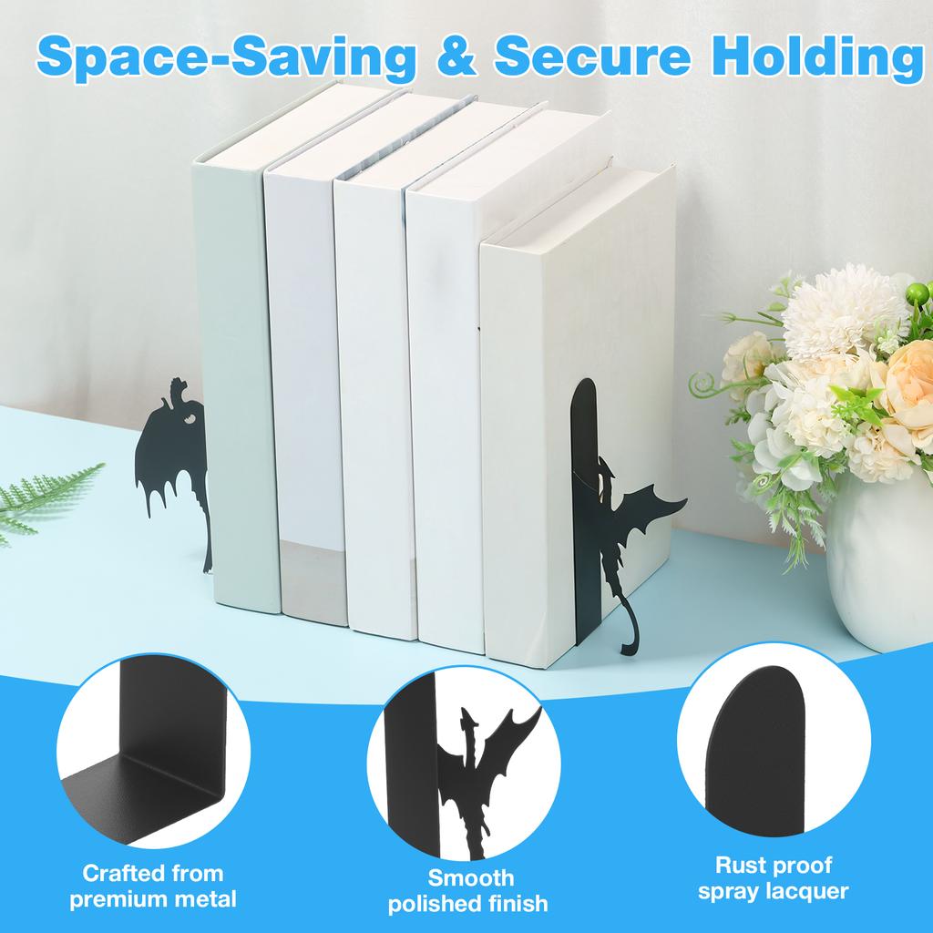 2 Pcs Dragon/Cat Bookend Metal Book Holder Rust Resistant Stable Support Book Holders Documents Storage Bookends for Home Office