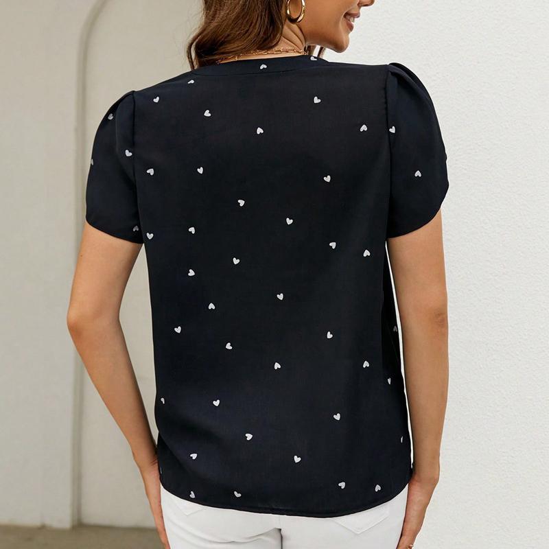 Ladies Summer Short Sleeve V Neck Casual Love Heart Printed Pullover Blouse Shirt Top