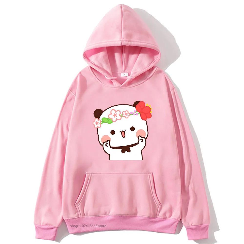 Cute Pretty BuBu Panda in Flowery Head Piece Hoodie DuDu Bear Dancing and Playing with A Guitar Sweatshirt Women Tops