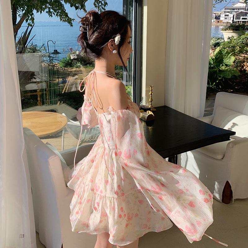 ワンピース Tulip Chiffon Long Dress Pink Tulip Floral Chiffon Wrap Front Short Sleeve Maxi Dress