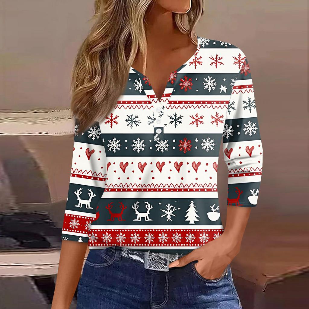 Women's T Shirt Tee Christmas Printed Button 3/4 Sleeve Tunic Daily Weekend Fashion Basic V- Neck Regular Top