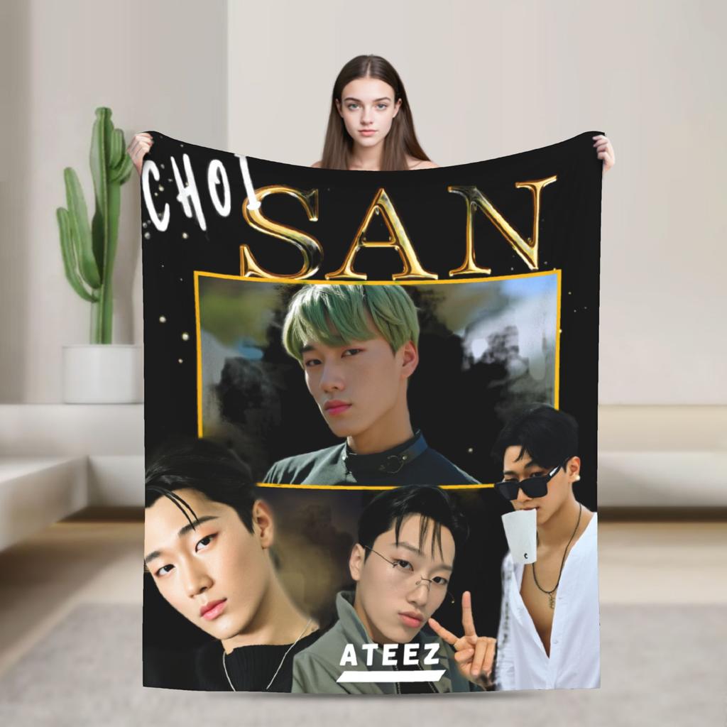 Warm Blanket Travel ATEEZ Choi San Throw Blanket  Flannel Bedspread For Couch Chair Sofa Bed Funny Sofa Bed Cover
