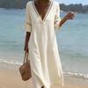 Boho vyšívaný V-výstřih Lněný plážový kaftan Bavlněné šaty pro ženy