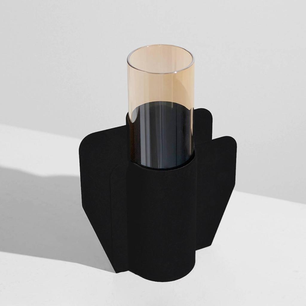 Black Metal Vase with Glass Vessel Decorative Sculptural Sleek