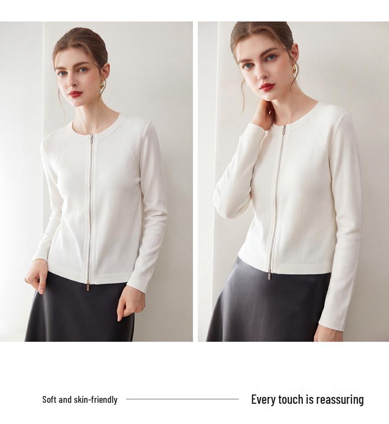 Yangzi Yarn Pure Wool Slim Fit Zipper Round Neck Women's Cardigan - Summer Thin Style