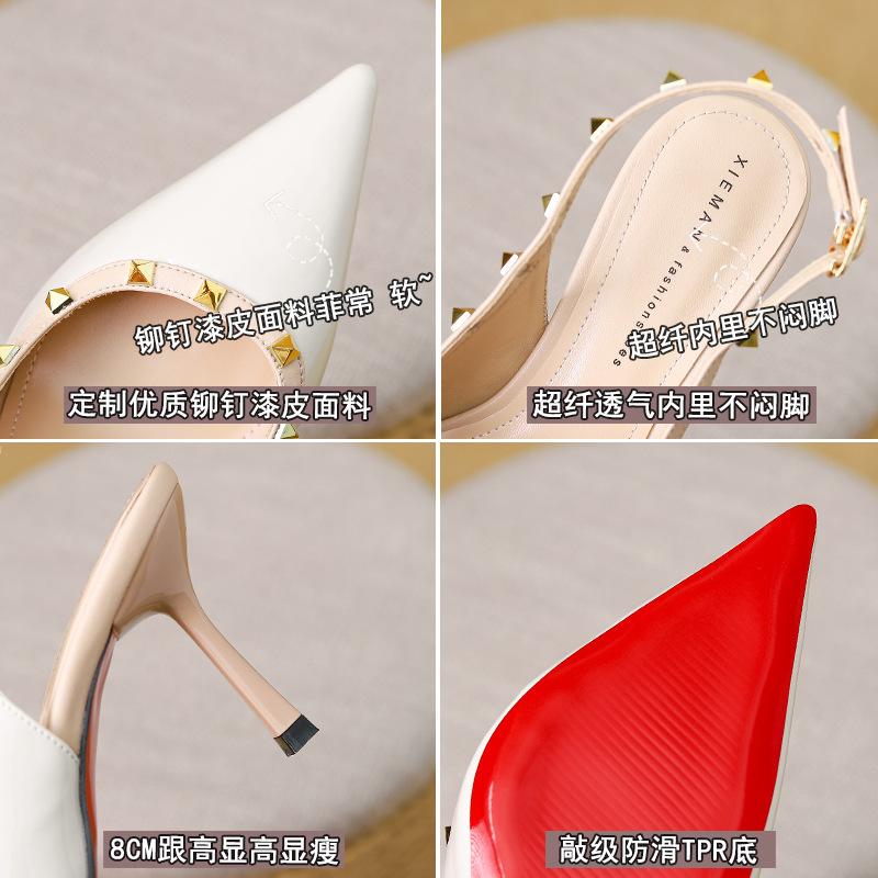Black rivet empty sandals patent leather bag head classic high heels pointed thin heel temperament versatile single shoes women