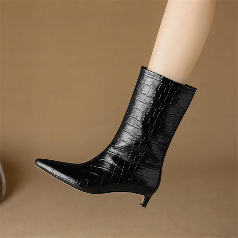 Fashion New Autumn Winter Split Leather Women Boot Mid-calf Boots for Women Pointed Toe Fashion Boot Handmade Black Boots Stiletto Heels