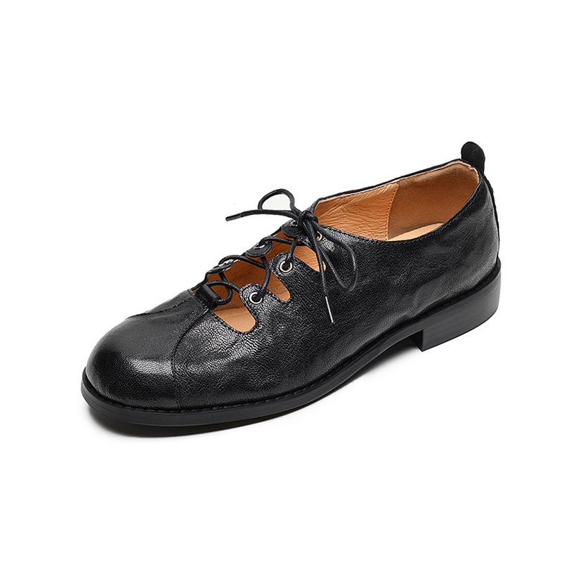 

British style small leather shoes hollow lace-up thick heel low heel loafers women s spring and autumn new retro round head deep mouth single shoes 35