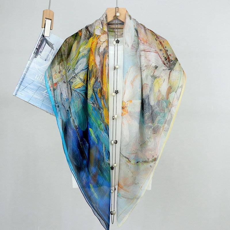 Elegant oil painting blooms with colorful summer sunscreen silk, chiffon mulberry silk, 110 large square scarf, silk scarf, thin shawl