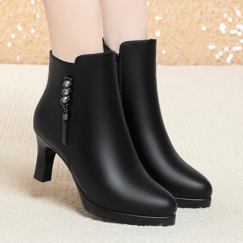 Women's High Heel Short Boots - Temperament Style, Autumn & Winter Plush Leather Shoes