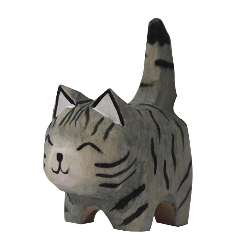 Handmade Wood Carving Kitten Ornaments Small Animal Cat Tiger Statues Desktop Decoration Crafts for Home Living-Room