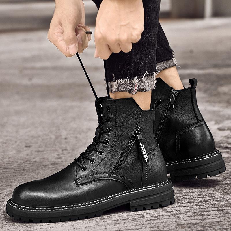 Men's Genuine Leather High-Top Snow Boots - Winter Velvet-Lined Martin Style